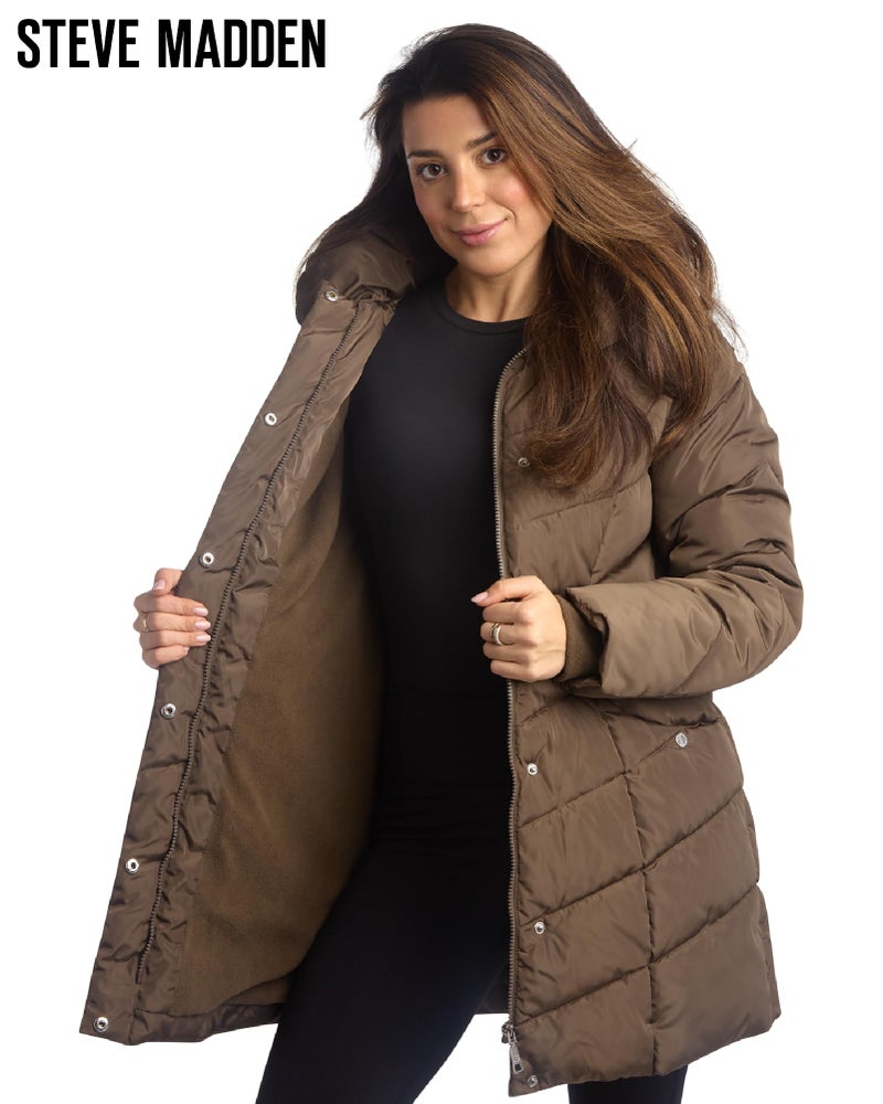 Steve Madden Women's Long Heavy Weight Puffer Jacket, Olive, M - Image 5
